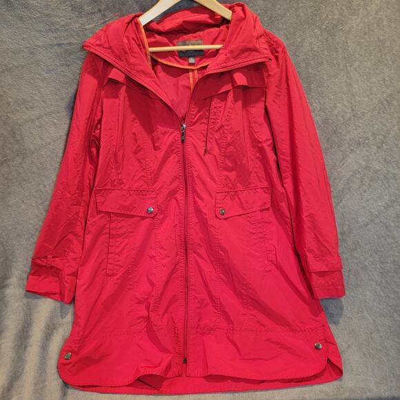 Cole Haan Women’s Red Hooded Jacket XL Lightweight Full Zip Raincoat Parka - Picture 1 of 5